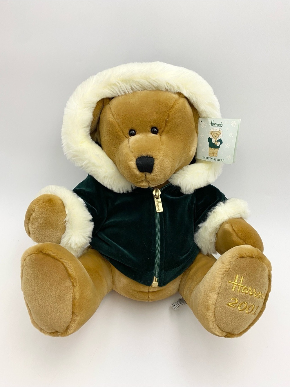 Harrods 2001 Christmas Teddy Bear Green Velvety Hooded Jacket w/ Tag